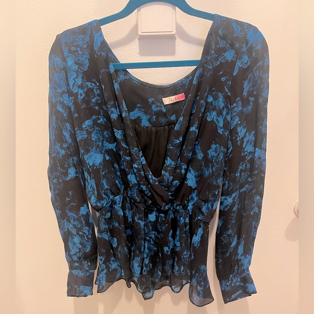 EUC Parker Rainstorm Floral Print Faux Wrap Peplum Blouse S